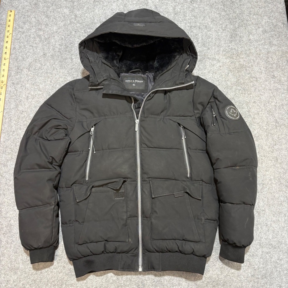 Supply & Demand NYC Mens XL Black Hooded Puffer Jacket Faux Fur Lining Coat